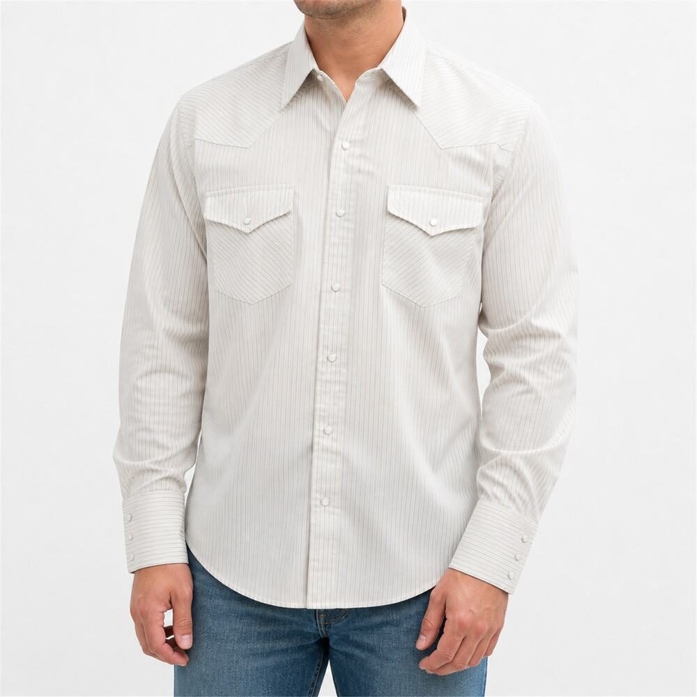 Panhandle Shirt Mens Medium Large Beige Western Pearl Snap Striped Rodeo Cowboy
